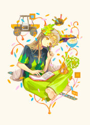 1girl absurdres alternate_costume arknights barefoot black_shirt brown_background brown_hair car elf full_body green_pants hand_up head_tilt highres holding holding_pen laurel_crown long_hair lyuqiu motor_vehicle muelsyse_(arknights) notebook on_floor originium_slug_(arknights) pants pen pen_to_mouth pointy_ears shirt short_sleeves simple_background sitting soles solo t-shirt very_long_hair yellow_eyes