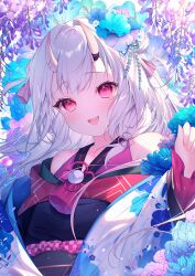 1girl :d black_kimono black_sash commentary_request double_bun fang floral_print floral_print_kimono flower frilled_sleeves frills hair_between_horns hair_bun hair_flower hair_ornament hand_up haruhitooo highres hololive horns japanese_clothes kimono long_hair long_sleeves looking_at_viewer multicolored_hair nakiri_ayame nakiri_ayame_(1st_costume) obi off_shoulder oni open_mouth print_kimono red_eyes red_hair red_kimono sash skin-covered_horns smile solo streaked_hair tassel tassel_hair_ornament teeth two_side_up upper_body upper_teeth_only virtual_youtuber white_hair white_kimono