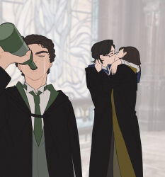 1boy 2girls alcohol black_robe bottle brown_hair drinking drunk freckles glasses highres hogwarts_legacy hogwarts_school_uniform holding holding_bottle hooded_robe huayv666 hufflepuff kiss meme multiple_girls poppy_sweeting protagonist_(hogwarts_legacy) ravenclaw robe school_uniform sebastian_sallow short_hair slytherin tears wizarding_world yuri