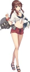 Rule 34 | 1girl, ball, beachball, bikini, black bikini, braid, breasts, brown hair, collared shirt, commentary request, full body, green eyes, kantai collection, konishi (koconatu), large breasts, long hair, machinery, midriff, navel, noshiro (kancolle), noshiro (swimsuit) (kancolle), official art, open collar, red shorts, sandals, scrunchie, ship turret, shirt, shorts, standing, swept bangs, swimsuit, third-party source, tied shirt, translation request, twin braids, white shirt