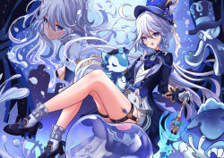 2girls absurdres aichinaigai black_footwear black_undershirt blue_gemstone blue_headwear blue_jacket blue_ribbon bow bubble footwear_bow furina_(genshin_impact) gem genshin_impact gloves gold_trim hair_between_eyes hand_on_another&#039;s_head hand_on_weapon highres hydro_symbol_(genshin_impact) jacket legs_together long_hair mismatched_pupils multiple_girls open_mouth ribbon ribbon-trimmed_headwear ribbon_trim splendor_of_tranquil_waters_(genshin_impact) squid star_(symbol) thigh_strap very_long_hair vest water water_drop white_gloves white_hair white_vest