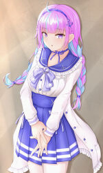 1girl ahoge anchor_hair_ornament anchor_symbol blue_choker blue_hairband blue_sailor_collar blush bow braid breasts choker colored_inner_hair frilled_sailor_collar frills hair_ornament hairband high-waist_skirt highres hololive jacket long_hair long_sleeves looking_at_viewer looking_to_the_side minato_aqua minato_aqua_(sailor) mizusaki_(kn27) multicolored_hair official_alternate_costume pantyhose pink_hair purple_eyes ribbon_choker sailor_collar school_uniform simple_background skirt solo twin_braids two-tone_hair v v_arms virtual_youtuber white_pantyhose