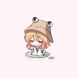 Rule 34 | 1girl, = =, arms between legs, blonde hair, blue skirt, blue vest, blush stickers, brown hat, chibi, chibi only, closed mouth, dot mouth, double-parted bangs, full body, grey background, hair ribbon, hat, lily pad, long sleeves, moriya suwako, pudding (skymint 028), red ribbon, ribbon, shirt, simple background, skirt, solo, squatting, touhou, tress ribbon, vest, white shirt