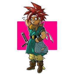 1boy aqua_tunic arm_behind_head belt black_belt boots border brown_boots chrono_trigger crono_(chrono_trigger) full_body hand_on_own_hip headband highres male_focus neckerchief nervous_smile open_mouth orange_neckerchief pants parted_bangs pink_background red_hair short_hair smile solo spiked_hair sweatdrop sword tcgf_04 toriyama_akira_(style) tunic weapon white_border white_headband yellow_pants