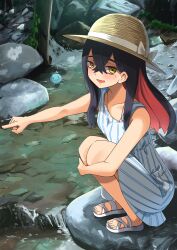 1girl absurdres black_hair blue_dress blush bow carmine_(pokemon) collarbone colored_inner_hair commentary_request coralreef966 crossed_bangs dress gen_2_pokemon hair_between_eyes hat hat_bow hat_ribbon highres hugging_own_legs long_hair mole mole_under_eye multicolored_hair nature nintendo open_mouth outdoors pointing pokemon pokemon_(creature) pokemon_sv red_hair ribbon sandals sleeveless solo_focus squatting straw_hat stream striped_clothes striped_dress two-tone_hair vertical-striped_clothes vertical-striped_dress white_bow white_footwear white_ribbon wooper yellow_eyes