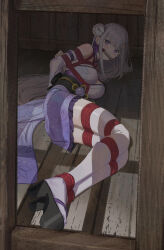 1girl absurdres alternate_costume arms_behind_back bdsm black_sandals black_sash bondage bound bound_legs breasts cailin020 commentary detached_sleeves emilia_(re:zero) english_commentary flower gagged hair_flower hair_ornament highres japanese_clothes kimono large_breasts long_hair looking_at_viewer lying obi obiage obijime on_floor on_side paid_reward_available platform_sandals purple_eyes purple_kimono re:zero_kara_hajimeru_isekai_seikatsu red_rope restrained rope sandals sash shibari shibari_over_clothes solo thighhighs white_hair white_thighhighs wooden_floor