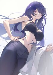 1girl absurdres acheron_(honkai:_star_rail) after3310 alternate_costume black_leggings black_pants black_sports_bra blue_eyes blue_hair breasts commentary crop_top from_below hair_over_one_eye hand_on_own_hip highres honkai:_star_rail honkai_(series) large_breasts leggings long_hair looking_at_viewer midriff navel pants simple_background solo sports_bra sweat towel towel_on_arm white_background
