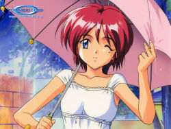 1girl bare_shoulders blue_eyes collarbone day english_text feet_out_of_frame female_focus hair_between_eyes hinomoto_hikari holding holding_umbrella mole mole_under_eye official_art one_eye_closed outdoors rain red_hair smile solo standing tokimeki_memorial tokimeki_memorial_2 tree umbrella watermark web_address wink
