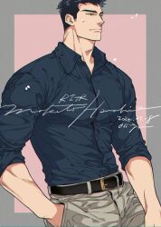 Rule 34 | 1boy, adam&#039;s apple, bara, belt, black belt, blue hair, blue shirt, brown pants, character name, closed mouth, collared shirt, cowboy shot, dark blue hair, facial hair, falling petals, hand in pocket, large pectorals, makito hanabie, male focus, muscular, muscular male, pants, pectorals, petals, rabbit in the room, shirt, short hair, sideburns stubble, solo, stubble, tight clothes, tight shirt, wrinkled fabric, yan (bltyann)