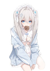 Rule 34 | 1girl, absurdres, blue eyes, blue jacket, bra, breasts, chinese commentary, chocolate chip cookie, commentary request, cookie, fish skeleton, food, food in mouth, frilled hairband, frills, hair between eyes, hair intakes, hair ornament, hairband, high-waist skirt, highres, jacket, long hair, long sleeves, looking at viewer, original, own hands together, pill hair ornament, shirt, shixuexiao, simple background, sitting, skirt, small breasts, solo, star (symbol), star hair ornament, twintails, underwear, very long hair, white background, white bra, white hair, white hairband, white shirt, white skirt