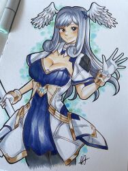 Rule 34 | 1girl, art tools in frame, black pantyhose, blush, breasts, closed mouth, commentary, curly hair, emily botta, english commentary, gloves, grey hair, head wings, highres, holding, holding staff, large breasts, long hair, looking at viewer, marker (medium), melia antiqua, pantyhose, photo (medium), signature, smile, solo, staff, standing, traditional media, waving, white gloves, wings, xenoblade chronicles: future connected, xenoblade chronicles (series), xenoblade chronicles 1