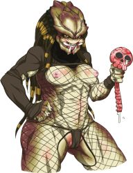 1girl alien breasts cameltoe claws dreadlocks ero_guro fangs female_focus fishnets guro inverted_nipples mandibles monster_girl nezunezu nipples panties predator_(1987) predator_(character) predator_(series) skull smile solo tears the_predator thong underwear yautja