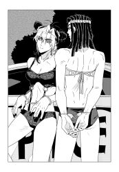 Rule 34 | 2girls, arms behind back, ass, bikini, breasts, bun with braided base, car, cleavage, cuffs, double bun, dreadlocks, ermes costello, flat ass, greyscale, hair bun, handcuffs, highres, jeonjin (mynamebazin), jojo no kimyou na bouken, kuujou jolyne, medium breasts, monochrome, motor vehicle, multicolored hair, multiple girls, navel, police car, stone ocean, swimsuit, two-tone hair