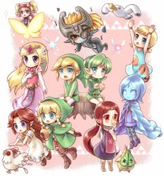 1boy 6+girls agitha aryll beak bird blonde_hair blue_eyes blue_hair blue_skin blush boots braid brown_hair cape chibi chicken child colored_skin compass cucco dress fairy fi_(zelda) green_hat hat helmet highres hyrule_warriors instrument link linkle long_hair looking_at_viewer makar malon medli midna multiple_girls navi nintendo ocarina open_mouth pantyhose pointy_ears porocha princess_zelda red_hair rito romani_(zelda) sandals saria_(zelda) shiny_skin sparkle the_legend_of_zelda the_legend_of_zelda:_ocarina_of_time the_legend_of_zelda:_skyward_sword the_legend_of_zelda:_the_wind_waker the_legend_of_zelda:_twilight_princess thigh_boots thighhighs tiara tongue toon_link toon_zelda twin_braids twintails
