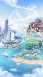 architecture artist_request bird blue_sky boat bridge building castle cloud day east_asian_architecture game_cg highres island lake light_particles miracle_nikki nikki_(series) no_humans ocean official_art road sailboat scenery simple_bird sky skyscraper third-party_source tree watercraft