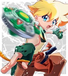 1boy bakuten_shoot_beyblade beyblade beyblade_(object) blonde_hair blue_eyes brown_pants cowboy_shot fingerless_gloves gloves green_gloves green_shirt male_focus medium_hair mizuhara_max motion_blur pants shirt solo tkoknmy0321 yellow_shirt