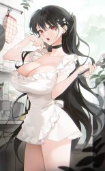 1girl :o absurdres apron baking black_choker black_hair breasts butterfly_hair_ornament choker dress flower hair_flower hair_ornament highres holding holding_whisk indoors large_breasts leaf long_hair looking_at_viewer milk_carton mixing_bowl mole mole_on_breast original oven_mitts oyabuli red_eyes solo thighs whisk white_apron white_dress