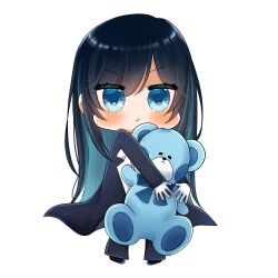 1girl ado_(utaite) black_hair blue_eyes blue_hair blush chando_(ado) chibi chibi_only closed_mouth colored_inner_hair commentary_request highres long_hair multicolored_hair pouch shoko_(gs_music11) simple_background solo stuffed_animal stuffed_toy teddy_bear utaite white_background