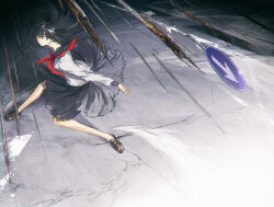 1girl arrow_(symbol) black_eyes black_hair brown_footwear concrete facing_to_the_side grey_skirt industrial_pipe lamppost looking_to_the_side moribuden original outdoors pleated_skirt projectile red_ribbon ribbon road road_sign school_uniform shirt sign signpost skirt telekinesis white_shirt wind