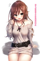 Rule 34 | 1girl, :d, arm support, bad id, bad pixiv id, bang dream!, belt, belt buckle, black belt, blush, brown hair, brown sweater, buckle, collarbone, commentary request, dress, earrings, female focus, gluteal fold, grey eyes, hair between eyes, hand up, high ponytail, highres, imai lisa, jewelry, long hair, long sleeves, looking at viewer, off-shoulder sweater, off shoulder, open mouth, panties, pink panties, ponytail, ramchi, ribbed sweater, shadow, signature, sitting, sleeves past wrists, smile, solo, sweater, sweater dress, translated, underwear, v-shaped eyebrows, very long hair, white background