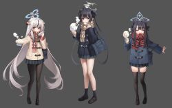3girls alternate_costume animal_ears bag steamed_bun black_coat black_footwear black_hair black_pantyhose black_socks black_thighhighs blue_archive bow butterfly_hair_ornament chirang closed_eyes closed_mouth coat double_bun facing_viewer food food_on_face full_body grey_background grey_hair hair_between_eyes hair_bow hair_bun hair_ornament halo highres holding holding_food kisaki_(blue_archive) kokona_(blue_archive) loafers long_hair long_sleeves looking_at_viewer multicolored_hair multiple_girls open_mouth pantyhose scarf school_bag school_uniform shoes shun_(blue_archive) shun_(small)_(blue_archive) siblings simple_background sisters skirt smile socks standing steam streaked_hair striped_clothes striped_scarf teeth thighhighs upper_teeth_only very_long_hair winter_clothes winter_coat zettai_ryouiki