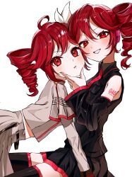 2girls ahoge all_fours black_skirt black_thighhighs blush bow breast_pocket buttons collared_shirt detached_sleeves drill_hair dual_persona grin hair_between_eyes hair_bow hand_on_another&#039;s_cheek hand_on_another&#039;s_face headphones highres kasane_teto kasane_teto_(sv) kasane_teto_(utau) midriff_peek multiple_girls pleated_skirt pocket ramika_(ramika0606) red_eyes red_hair revision shirt simple_background sitting skirt sky sleeveless sleeveless_shirt smile synthesizer_v thighhighs twin_drills utau white_background white_bow wing_collar