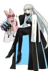 Rule 34 | 2girls, black dress, black gloves, blue eyes, closed eyes, crown, dress, fate/grand order, fate (series), full body, gloves, habetrot (fate), hair between eyes, high heels, highres, morgan le fay (fate), morgan le fay (queen of winter) (fate), multiple girls, open mouth, ponytail, shintyoi2, simple background, smile