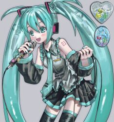 1girl aqua_eyes aqua_hair aqua_nails aqua_necktie bare_shoulders black_sleeves blush detached_sleeves grey_shirt hair_between_eyes hatsune_miku headphones headset highres long_hair microphone necktie number_tattoo open_mouth poin_(goruchopame) shirt simple_background skirt smile solo tattoo thighhighs twintails very_long_hair vocaloid