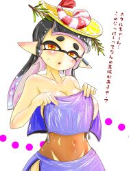 +_+ 1girl blush breasts callie_(splatoon) callie_(summer_nights)_(splatoon) crop_top food fruit large_breasts lemon lemon_slice nintendo pointy_ears see-through_clothes see-through_shirt shirt shrimp skirt splatoon_(series) splatoon_3 t2ukmyjm tentacle_hair undressing white_background