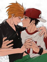 Rule 34 | 2boys, adam&#039;s apple, arm around shoulder, backwards hat, baseball cap, black hair, black shirt, blue oak, blush, brown hair, closed mouth, collarbone, collared shirt, commentary request, crew neck, fingernails, green pants, grey eyes, hand on another&#039;s shoulder, hat, highres, holding hands, interlocked fingers, jewelry, looking at another, male focus, multiple boys, navel, nintendo, noses touching, open collar, pants, pokemon, pokemon sm, print shirt, red (pokemon), ring, shirt, short hair, short sleeves, sideburns, sinm i, smile, t-shirt, wedding ring, wing collar, wristband, yaoi