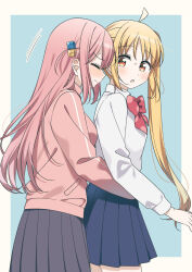 2girls ahoge black_skirt blonde_hair blue_background blue_skirt blush bocchi_the_rock! border bow bowtie closed_eyes closed_mouth collared_shirt commentary cube_hair_ornament gotoh_hitori hair_ornament hand_on_another&#039;s_waist highres hug hug_from_behind ijichi_nijika jacket long_hair long_sleeves multiple_girls open_mouth pink_hair pink_jacket pleated_skirt red_bow red_bowtie red_eyes school_uniform shimokitazawa_high_school_uniform shirt side_ponytail simple_background skirt surufuji sweatdrop track_jacket white_border white_shirt yuri