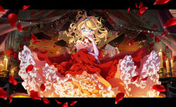 2girls ashita_no_nadja blonde_hair blue_eyes broken_mirror candle commentary_request crown dress elbow_gloves frilled_dress frills gloves highres kuwabara_(mola_8) letterboxed long_hair looking_at_viewer mirror multiple_girls nadja_applefield off_shoulder red_dress red_petals rosemary_applefield smile white_gloves