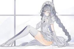 1girl absurdres commentary corset elbow_gloves eyepatch flantia gloves grey_eyes grey_hair high_heels highres legs_together long_hair looking_at_viewer maid_headdress original shoes short_sleeves sitting skirt solo thighhighs thighs white_corset white_gloves white_shoes white_skirt white_thighhighs window