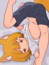 1girl absurdres animal_ear_fluff animal_ears barefoot blush brown_eyes cat_ears closed_mouth clothes_lift highres irohiza looking_at_viewer lying navel on_back original pants shirt shirt_lift short_hair short_sleeves solo t-shirt tail white_shirt