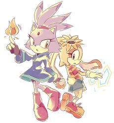 2girls blaze_the_cat blue_dress boots cat_girl cosplay cream_the_rabbit dress flower flower_on_head forehead_jewel furry furry_female highres kumatora kumatora_(cosplay) looking_at_another lucas_(mother_3) lucas_(mother_3)_(cosplay) magic mother_(series) mother_3 multiple_girls nintendo pink_boots rabbit_girl rabbit_tail shirt sonic_(series) striped_clothes striped_shirt tail viscogone white_background yellow_eyes