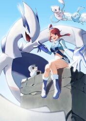 1girl blue_eyes blue_shirt blue_shorts blue_sky breasts brown_hair cropped_shirt full_body gen_1_pokemon gen_2_pokemon gen_3_pokemon gen_5_pokemon group_picture large_breasts legendary_pokemon lugia mew_(pokemon) mythical_pokemon nintendo pidove pokemon pokemon_(creature) pokemon_bw shirt shorts sitting sky skyla_(pokemon) slope_(check238) swablu
