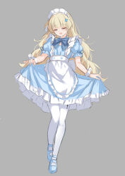 1girl alternate_costume apron blonde_hair blue_bow blue_bowtie blue_dress blue_shoes bow bowtie closed_eyes commentary dress enmaided full_body grey_background hair_ornament highres kuramoto_beta-carotene long_hair maid maid_headdress open_mouth pantyhose phoebe_(wuthering_waves) shoes short_sleeves simple_background smile solo tacet_mark_(wuthering_waves) very_long_hair waist_apron white_pantyhose white_wrist_cuffs wrist_cuffs wuthering_waves x_hair_ornament