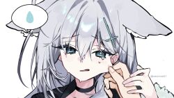 1girl 1other animal_ears black_choker blue_archive blue_eyes blush cheek_pinching choker cross_hair_ornament dandandanholo grey_hair hair_ornament highres long_hair mismatched_pupils pinching pov pov_hands shiroko_(blue_archive) shiroko_terror_(blue_archive) simple_background speech_bubble spoken_sweatdrop sweatdrop teardrop white_background wolf_ears wolf_girl