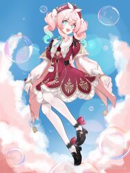 1girl a_feng_feng_feng_jiang absurdres aqua_eyes aqua_hair black_shoes blue_sky bubble chinese_commentary cloud commentary_request dress hat highres honkai:_star_rail honkai_(series) hyacine_(honkai:_star_rail) medium_hair midriff miyoushe_watermark multicolored_hair pantyhose pink_hair red_dress red_hat shoes sky smile solo two-tone_hair watermark white_pantyhose