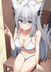 Rule 34 | 1girl, absurdres, ahoge, alternate costume, animal ear fluff, animal ears, bare shoulders, bikini, blue eyes, blush, breasts, cleavage, closed mouth, collarbone, fox girl, fox shadow puppet, fox tail, hair between eyes, halterneck, highres, hololive, large breasts, long hair, navel, shirakami fubuki, sitting, smile, solo, stomach, swimsuit, tail, user kykv8233, very long hair, white bikini, white hair