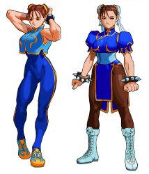 Rule 34 | 1990s (style), 1girl, absurdres, adjusting hair, alternate costume, armpits, arms behind head, arms up, bare shoulders, bengus, boots, bracelet, breasts, brown eyes, brown hair, bun cover, capcom, china dress, chinese clothes, chun-li, clenched hands, closed mouth, cropped jacket, double bun, dress, earrings, full body, hair bun, hair ribbon, highres, jewelry, large breasts, marvel vs. capcom, multiple views, muscular, non-web source, official alternate costume, official art, pantyhose, pelvic curtain, retro artstyle, ribbon, shoes, short hair, sideways glance, simple background, smile, sneakers, solo, spiked bracelet, spikes, standing, street fighter, stud earrings, studded bracelet, thick thighs, thighs, unitard, white background, white boots, x-men vs. street fighter