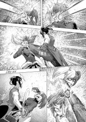 angry artist_name belt black_belt black_hair black_pants blood blood_on_face bodysuit breasts china_dress chinese_clothes cirenk clenched_hand clenched_hands commentary double_bun dougi dress english_commentary face_punch fighting fingerless_gloves gloves hair_bun highres in_the_face isshou_senkin large_breasts mma_gloves motion_lines multicolored_hair pants punching speed_lines twintails two-tone_hair yukihira_sara yuzuha_lee