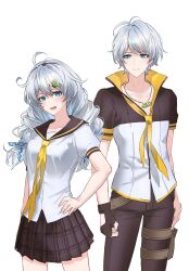 Rule 34 | 0p78xopwsj83779, 1boy, 1girl, ahoge, benghuai xueyuan, black pants, black sailor collar, black shirt, black skirt, blue ribbon, closed mouth, commentary, drill hair, hair ornament, hair ribbon, hairclip, hand on own hip, highres, honkai (series), jewelry, kevin kaslana, kiana kaslana, long hair, necklace, necktie, open mouth, pants, popped collar, ribbon, sailor collar, school uniform, shirt, short hair, short sleeves, skirt, smile, twin drills, white shirt, yellow necktie