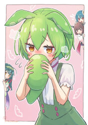 4girls :o ahoge black_hair blue_hair blush blush_stickers border brown_hair character_request chestnut_mouth covering_own_mouth edamame furrowed_brow green_hair green_hairband green_overalls green_shorts green_suspenders hair_between_eyes hairband highres holding_own_tail japanese_clothes jitome kimono knife_hair_ornament long_hair looking_at_another looking_at_viewer multiple_girls nose_blush notice_lines open_mouth orange_eyes overalls pea_pod peeking_out pink_background puff_of_air puffy_shorts puffy_sleeves red_eyes shirt short_hair short_sleeves shorts shy siblings sisters smile suspender_shorts suspenders tail touhoku_kiritan touhoku_zunko upper_body voiceroid voicevox white_border white_kimono white_shirt wide_sleeves yasuno-labo yellow_eyes zundamon