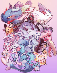 absurdres alolan_form alolan_ninetales alternate_color black_dress black_gloves blue_eyes blue_hair bob_cut colored_skin commentary dedenne dress elbow_gloves english_commentary extra_mouth fangs fidough flutter_mane gardevoir gen_1_pokemon gen_2_pokemon gen_3_pokemon gen_4_pokemon gen_6_pokemon gen_7_pokemon gloves gradient_background hair_over_one_eye hammer highres holding holding_hammer jigglypuff kurapixel marill mawile mega_gardevoir mega_pokemon nintendo orange_fur pink_skin pokemon pokemon_(creature) primarina shiny_pokemon smile starfish_hair_ornament strapless strapless_dress sylveon tinkaton togekiss two-tone_fur yellow_skin