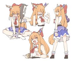 1girl absurdres alcohol ankle_cuffs belt blouse blush bottle bow chain commentary cuffs drunk fang full_body gourd highres holding holding_bottle horn_bow horn_ornament horn_ribbon horns ibuki_suika long_hair low-tied_long_hair masu multiple_views neck_ribbon oni oni_horns open_mouth orange_hair purple_skirt ribbon sake sake_bottle saliva shackles shirt short_eyebrows sidelocks simple_background skin_fang skirt sleeveless sleeveless_shirt socks thick_eyebrows torn_clothes torn_sleeves touhou white_background white_shirt wrist_cuffs yashiki_sen
