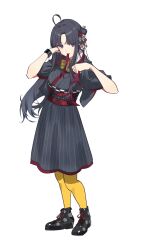 Rule 34 | 1girl, absurdres, ahoge, awa subaru, black hair, black kimono, black shoes, bracelet, commentary request, girls band cry, highres, japanese clothes, jewelry, kimono, kuji (orca9ji), kuuhaku to catharsis, long hair, mouth hold, obi, one side up, pantyhose, parted bangs, purple eyes, red ribbon, red sash, ribbon, ribbon in mouth, sash, shoes, sidelocks, solo, white background, yellow pantyhose