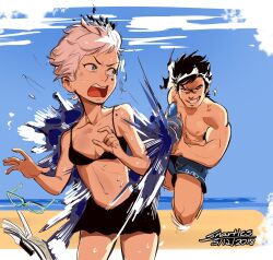 1boy 1girl beach bikini bikini_skirt black_bikini black_hair blue-framed_eyewear blue_eyes blue_sky blue_swim_trunks book cloud commentary dated day english_commentary eyelashes glasses grin highres kyokugen_dasshutsu kyokugen_dasshutsu_adv:_zennin_shibou_desu muscular muscular_male nipples open_book open_mouth outdoors pectorals phi_(kyokugen_dasshutsu) short_hair sigma_(kyokugen_dasshutsu) signature sky smile snartles stomach swimsuit teeth unworn_eyewear upper_teeth_only v-shaped_eyebrows very_short_hair water water_gun wet white_hair