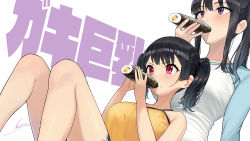 2girls age_difference black_hair blush breast_pillow breasts commentary_request eating ehoumaki food food_on_face kaedeko_(kaedelic) large_breasts looking_at_viewer makizushi multiple_girls oppai_loli original ponytail purple_eyes red_eyes rice rice_on_face sasaki_kanna sasaki_miyuki short_hair short_shorts shorts siblings signature simple_background sisters sitting sushi thighs twintails white_background