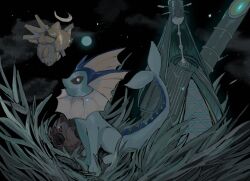 black_background black_eyes blue_skin bright_pupils celesteela colored_skin crescent_halo gen_1_pokemon gen_3_pokemon gen_7_pokemon grass halo highres horror_(theme) minior minior_(core) naqna nintendo pokemon pokemon_(creature) shedinja ultra_beast vaporeon white_pupils